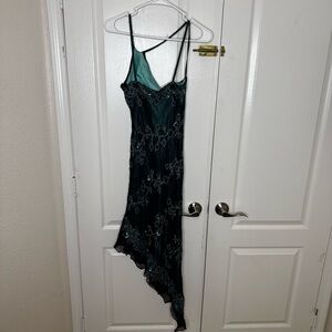 Scala 100% Silk Beaded Fairy Teal Asymmetrical Dress